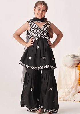 Black Embroidered Poly Blend Sharara Set With Dupatta For Girls