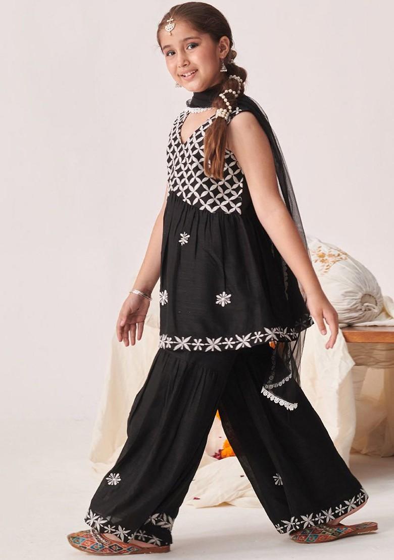 Black Embroidered Poly Blend Sharara Set With Dupatta For Girls