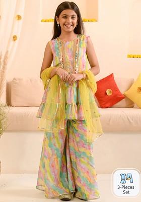 Yellow Printed Poly Blend Sharara Set With Dupatta For Girls