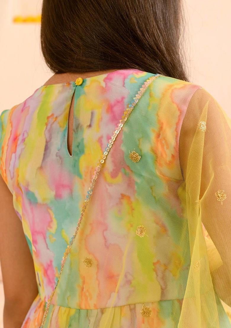 Yellow Printed Poly Blend Sharara Set With Dupatta For Girls