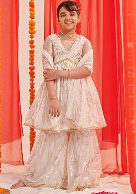 White Printed Poly Blend Sharara Set With Dupatta For Girls