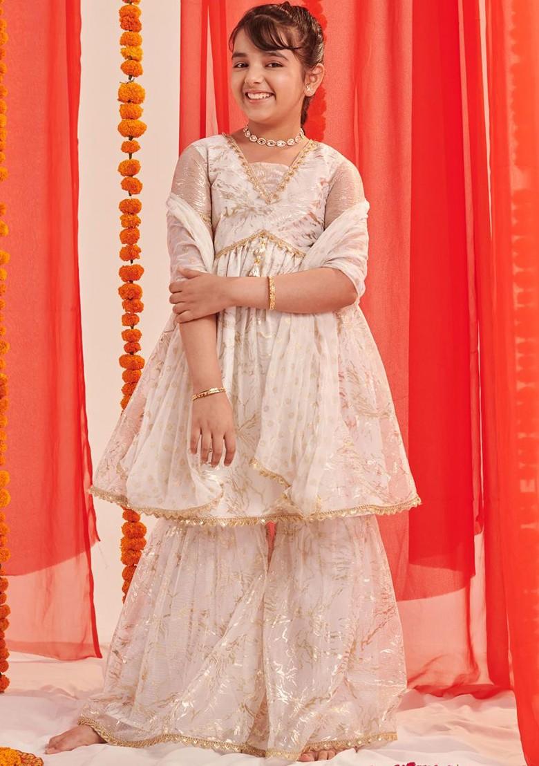 White Printed Poly Blend Sharara Set With Dupatta For Girls