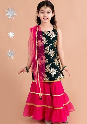 Green Printed Poly Blend Salwar Kameez With Dupatta For Girls