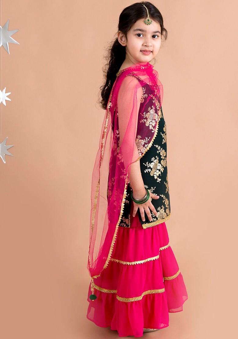 Green Printed Poly Blend Salwar Kameez With Dupatta For Girls