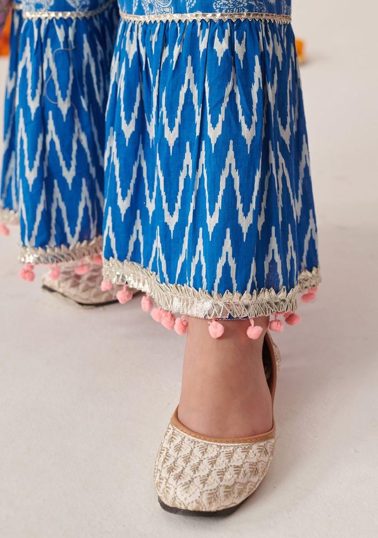 Blue Printed Poly Blend Sharara Set With Dupatta For Girls