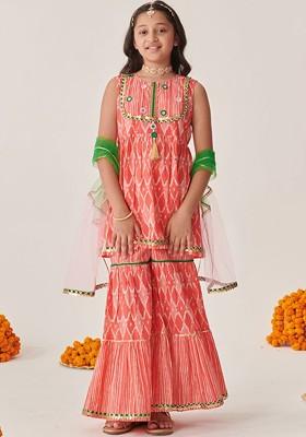 Peach Printed Poly Blend Salwar Kameez With Dupatta For Girls