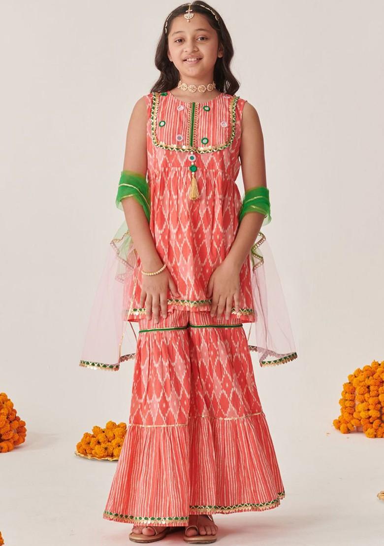 Peach Printed Poly Blend Salwar Kameez With Dupatta For Girls