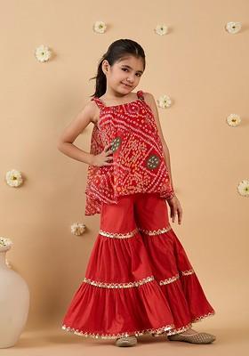 Red Printed Poly Blend Salwar Kameez For Girls