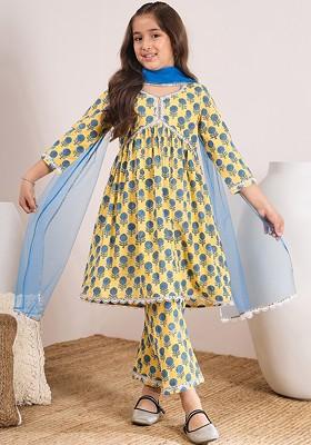 Yellow Printed Poly Blend Salwar Kameez With Dupatta For Girls