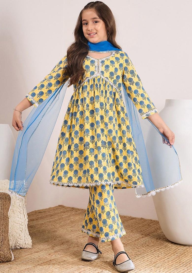 Yellow Printed Poly Blend Salwar Kameez With Dupatta For Girls