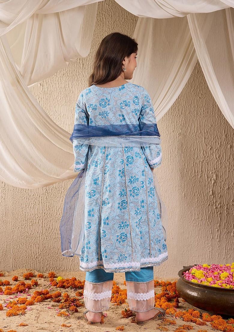 Blue Embroidered Poly Blend Salwar Kameez With Dupatta For Girls
