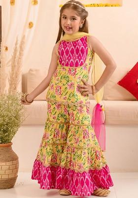 Yellow Printed Poly Blend Sharara Set With Dupatta For Girls