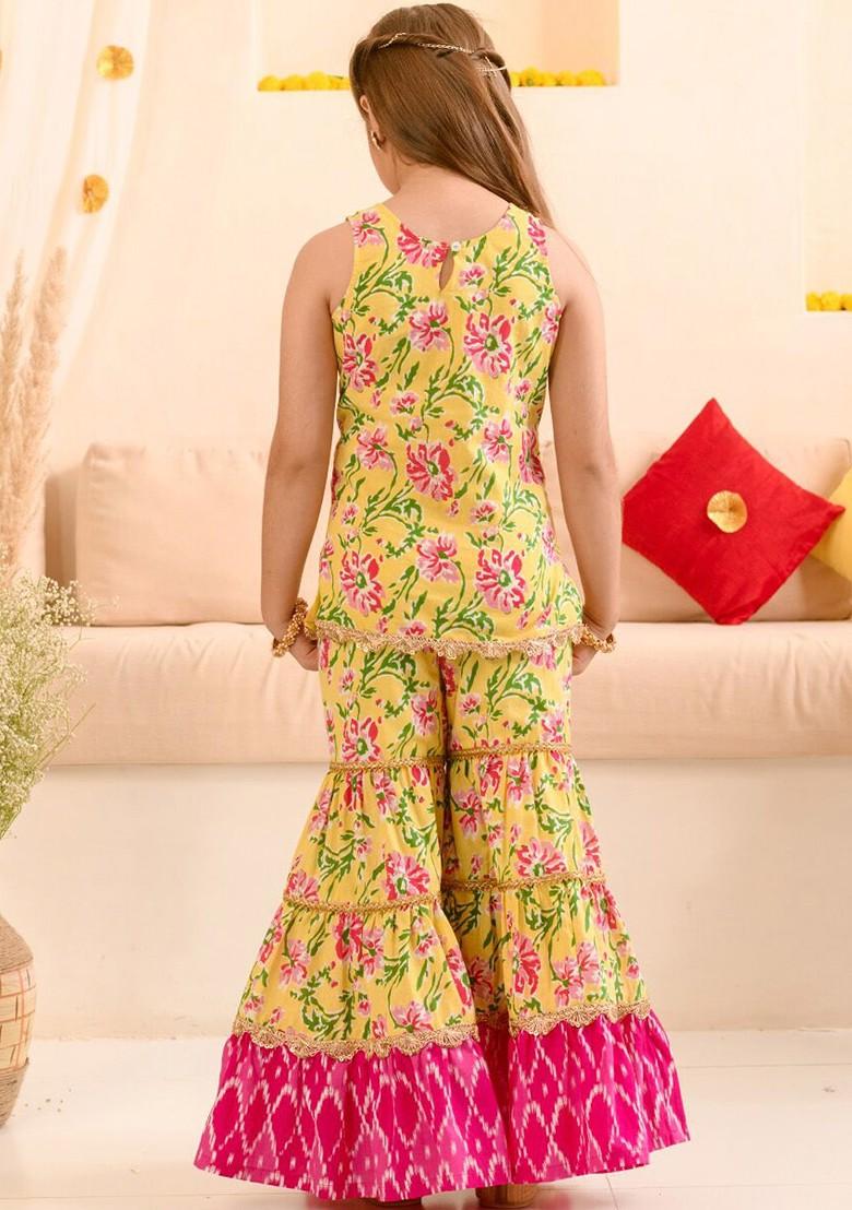 Yellow Printed Poly Blend Sharara Set With Dupatta For Girls