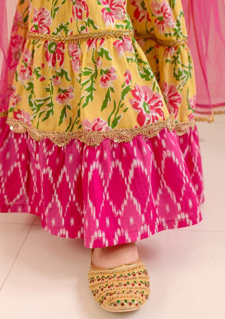 Yellow Printed Poly Blend Sharara Set With Dupatta For Girls