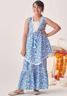 Blue Printed Poly Blend Salwar Kameez For Girls