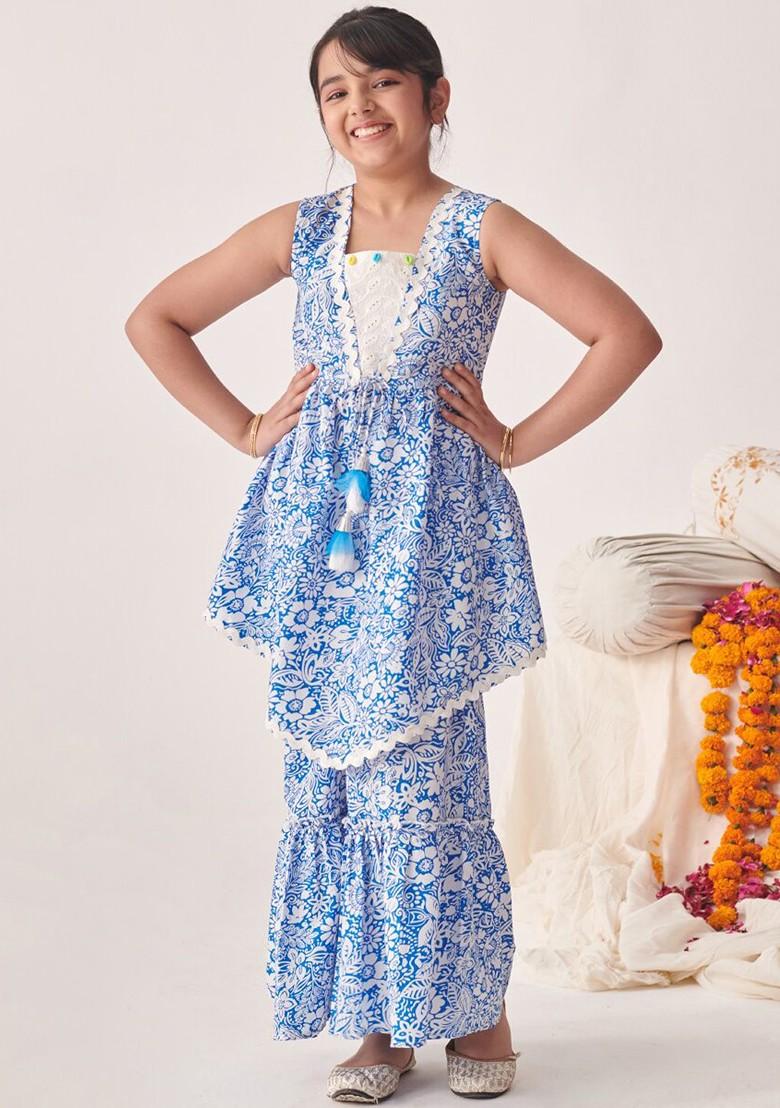 Blue Printed Poly Blend Salwar Kameez For Girls