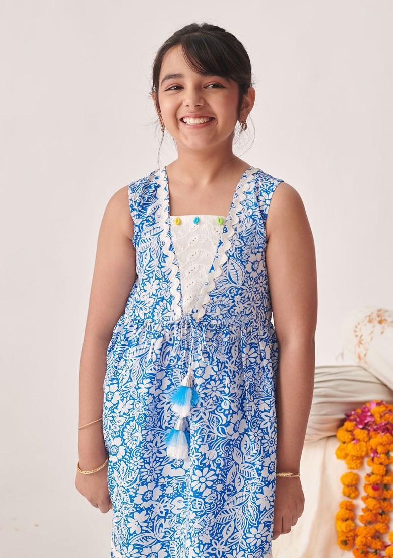 Blue Printed Poly Blend Salwar Kameez For Girls