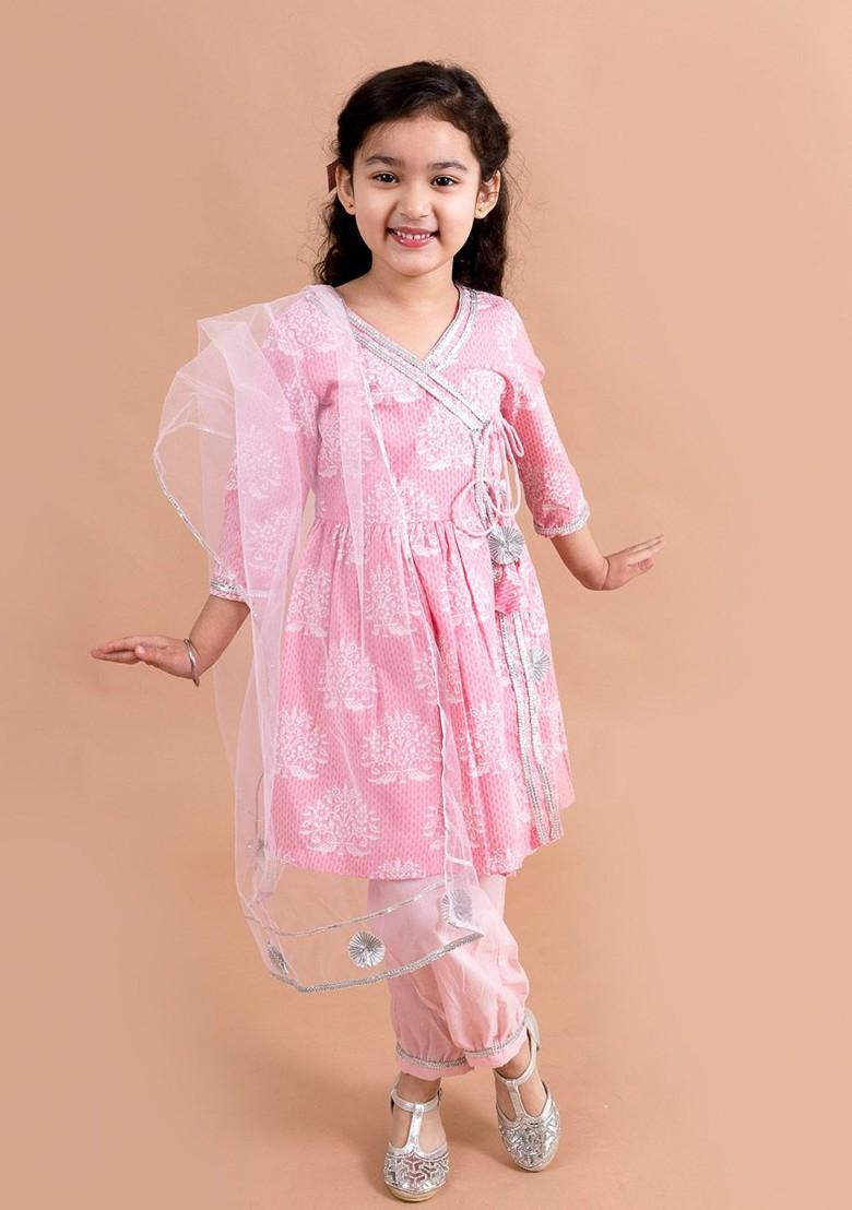 Pink Printed Poly Blend Salwar Kameez With Dupatta For Girls