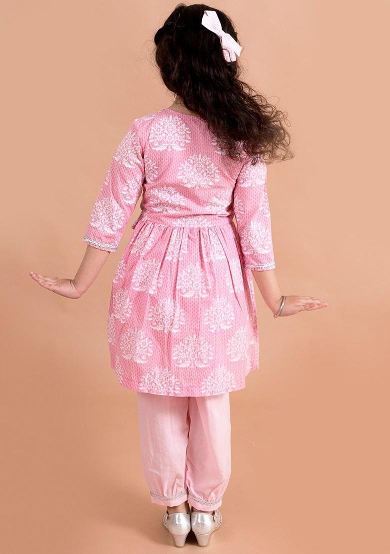 Pink Printed Poly Blend Salwar Kameez With Dupatta For Girls