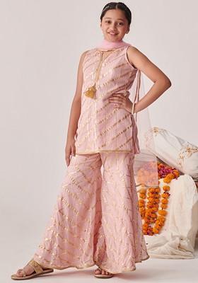 Pink Printed Poly Blend Sharara Set With Dupatta For Girls