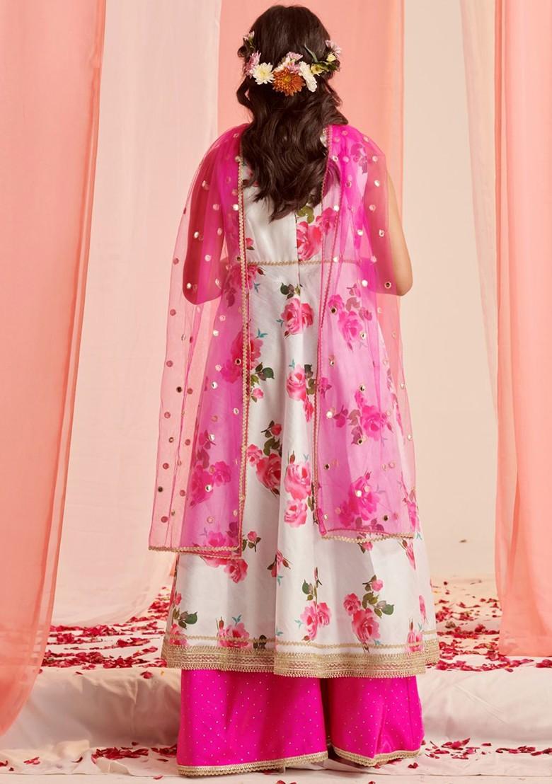 White Printed Poly Blend Palazzo Set With Dupatta For Girls