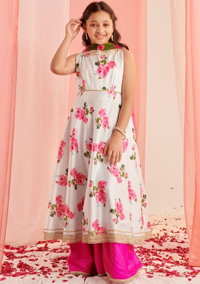 White Printed Poly Blend Palazzo Set With Dupatta For Girls