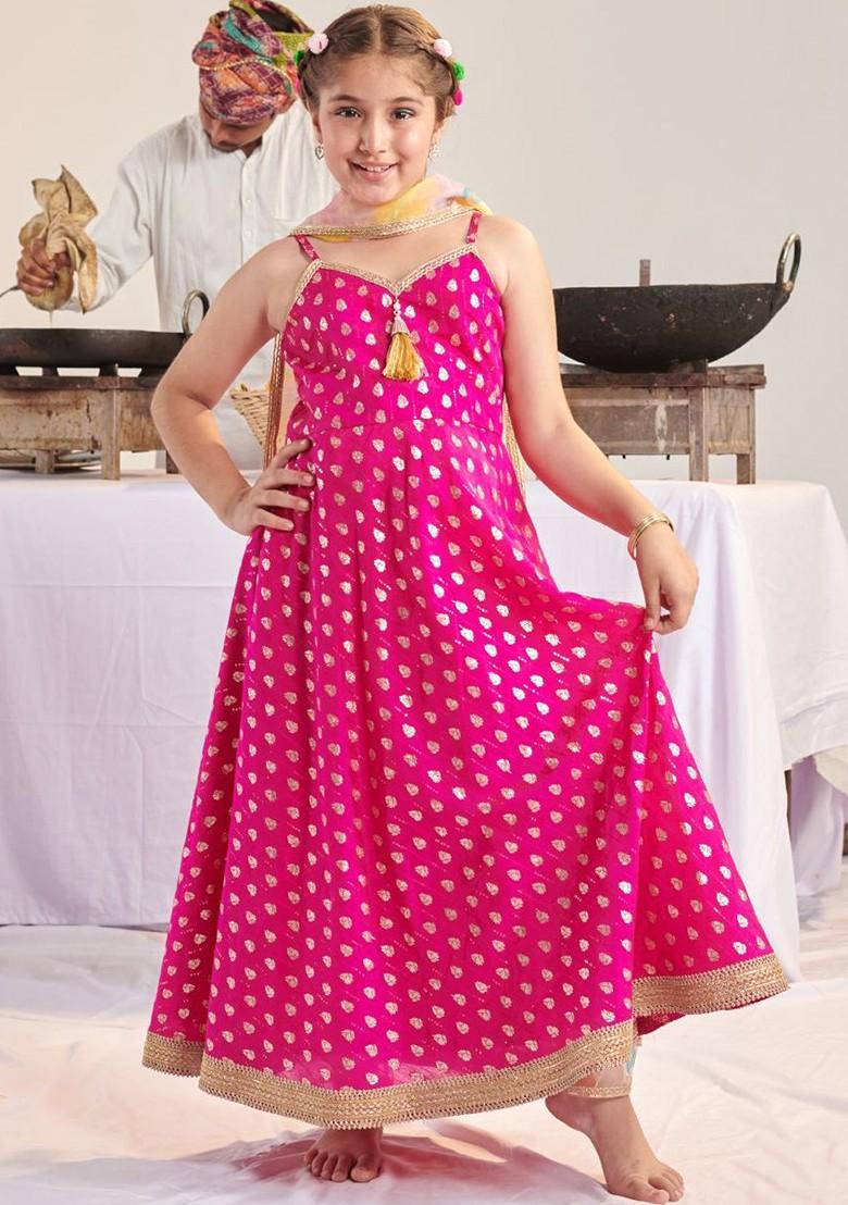 Magenta Embroidered Poly Blend Salwar Kameez With Dupatta For Girls