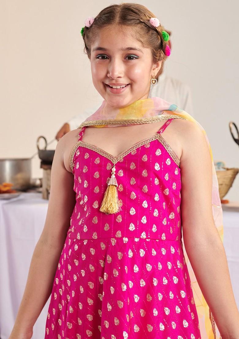 Magenta Embroidered Poly Blend Salwar Kameez With Dupatta For Girls