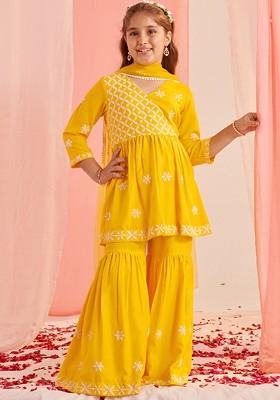 Yellow Embroidered Poly Blend Sharara Set With Dupatta For Girls