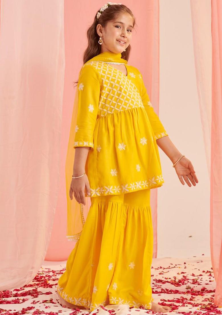 Yellow Embroidered Poly Blend Sharara Set With Dupatta For Girls
