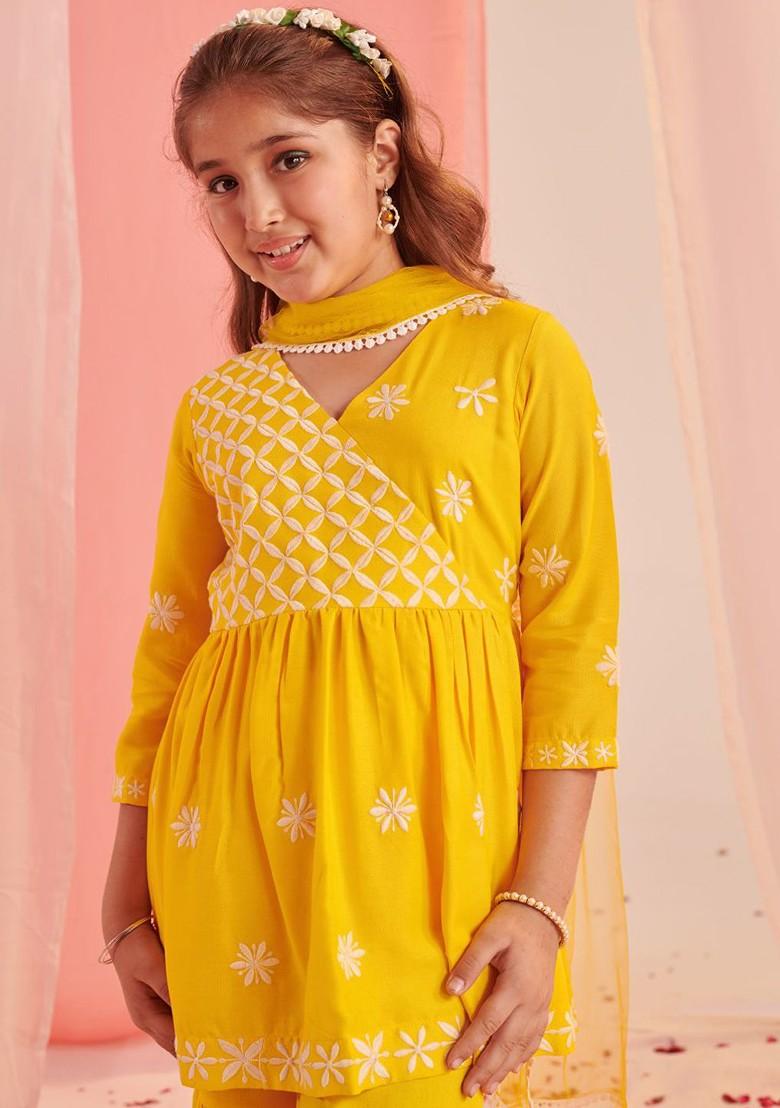 Yellow Embroidered Poly Blend Sharara Set With Dupatta For Girls