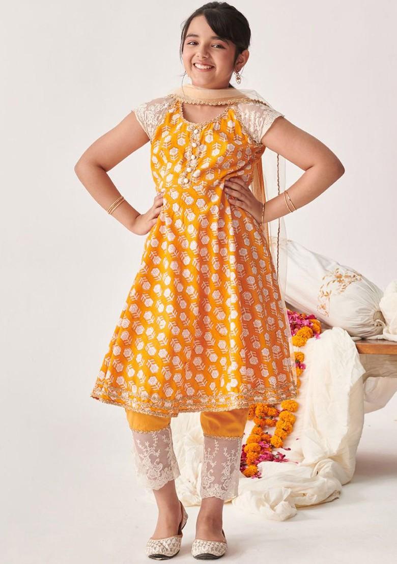 Orange Printed Poly Blend Salwar Kameez With Dupatta For Girls