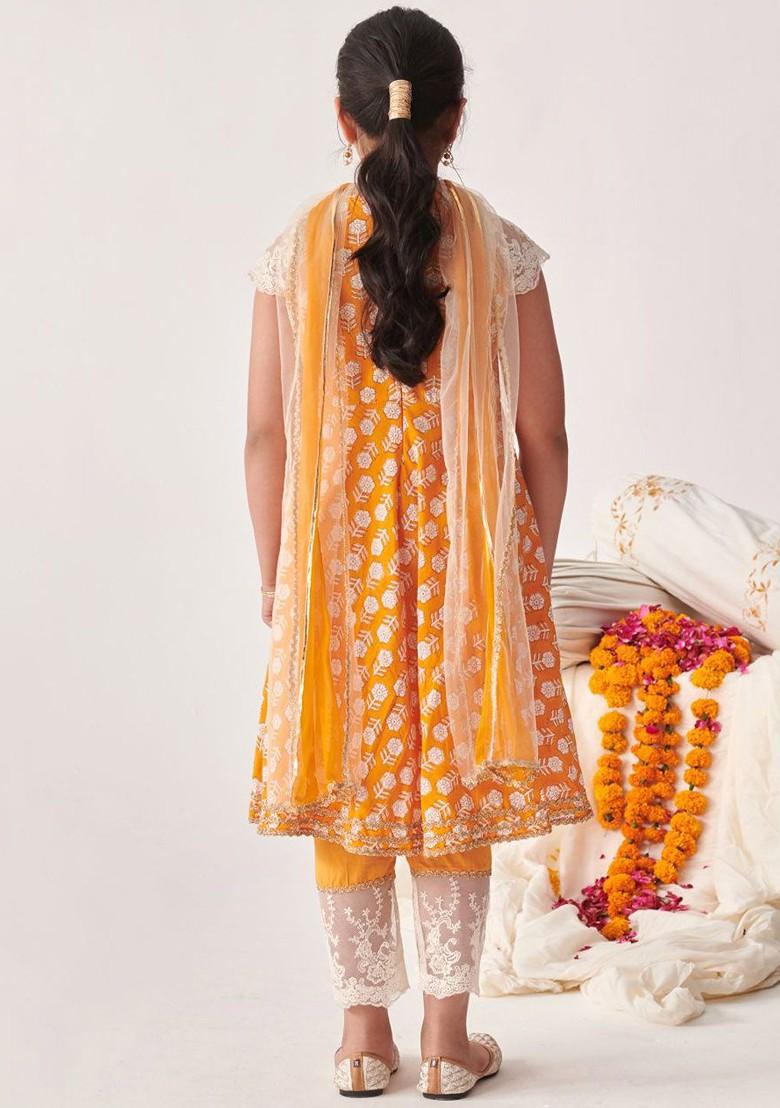 Orange Printed Poly Blend Salwar Kameez With Dupatta For Girls