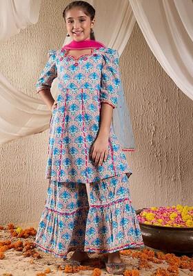 Blue Printed Poly Blend Sharara Set With Dupatta For Girls