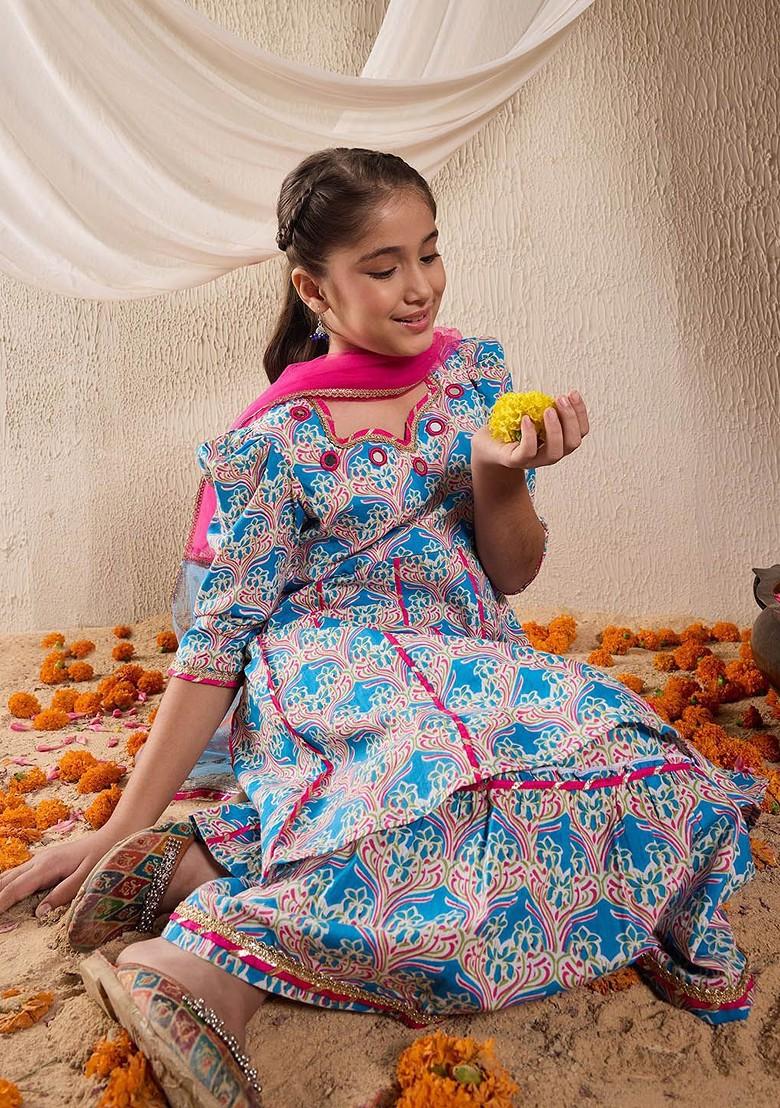 Blue Printed Poly Blend Sharara Set With Dupatta For Girls