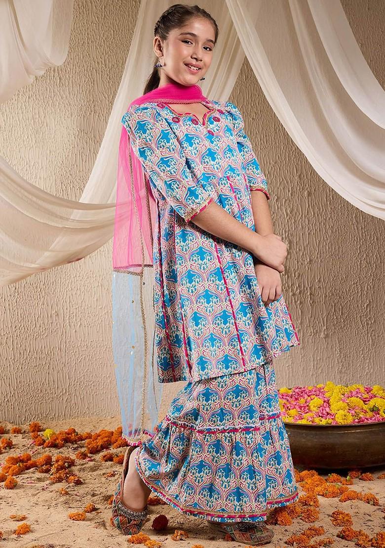 Blue Printed Poly Blend Sharara Set With Dupatta For Girls