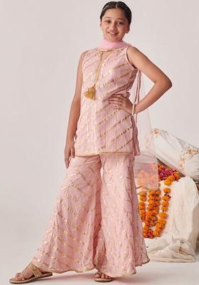 Peach Embroidered Poly Blend Sharara Set With Dupatta For Girls