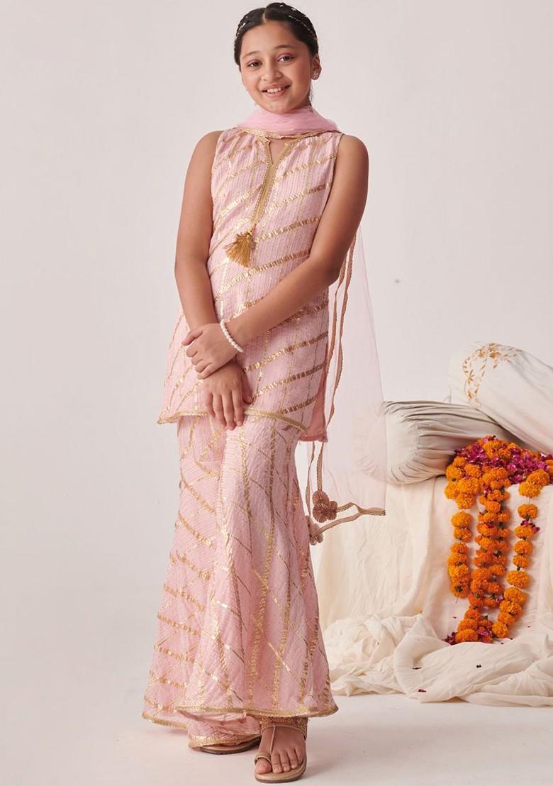 Peach Embroidered Poly Blend Sharara Set With Dupatta For Girls