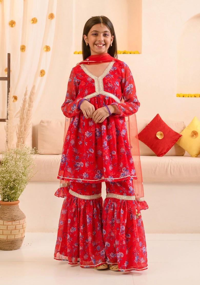 Red Printed Poly Blend Sharara Set With Dupatta For Girls