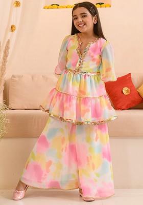 Pink Printed Poly Blend Sharara Set With Dupatta For Girls