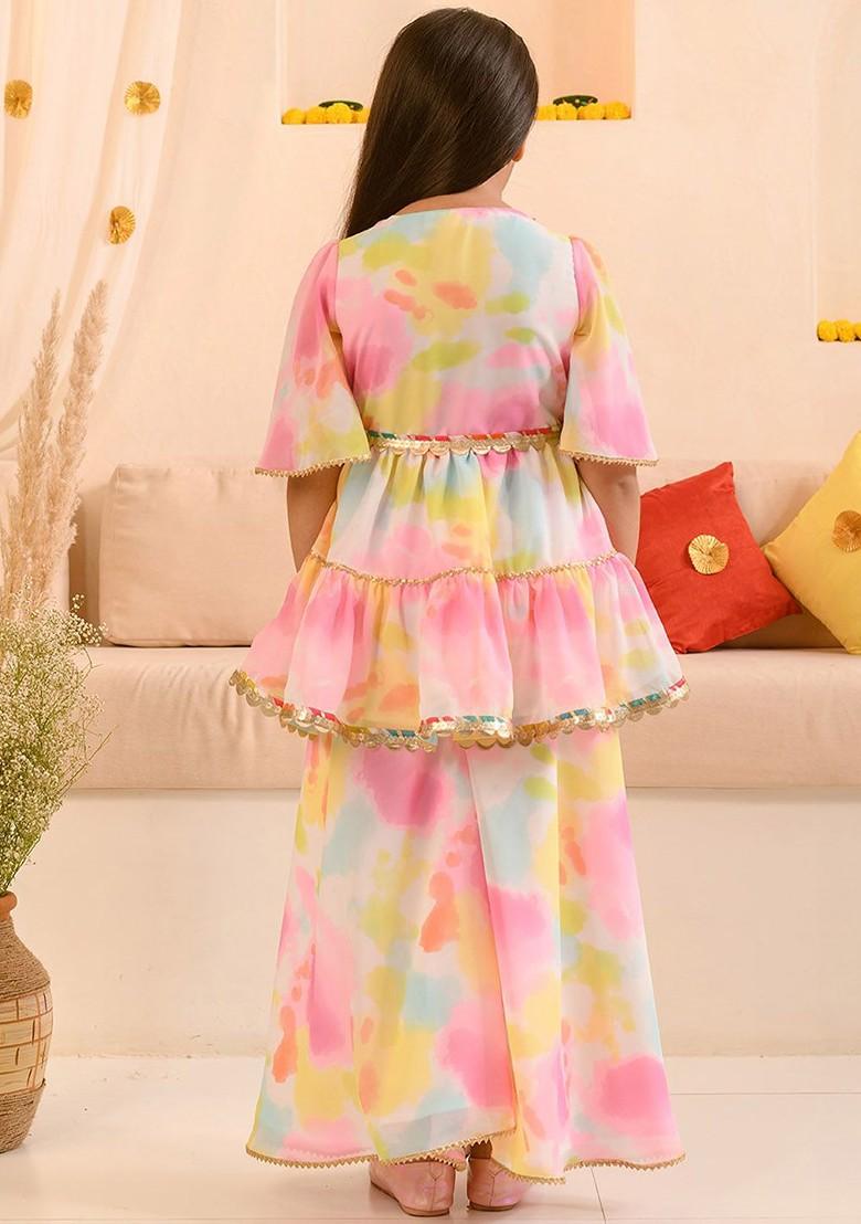 Pink Printed Poly Blend Sharara Set With Dupatta For Girls