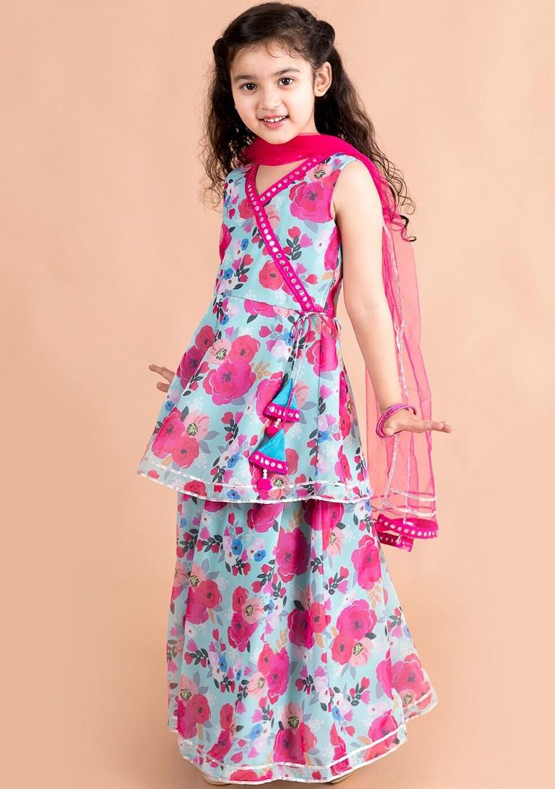 Blue Embroidered Poly Blend Palazzo Set With Dupatta For Girls