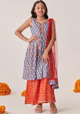 Blue Printed Poly Blend Palazzo Set With Dupatta For Girls