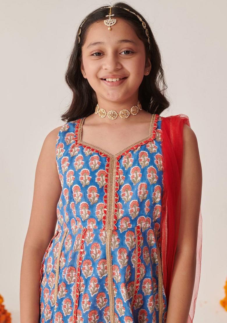 Blue Printed Poly Blend Palazzo Set With Dupatta For Girls