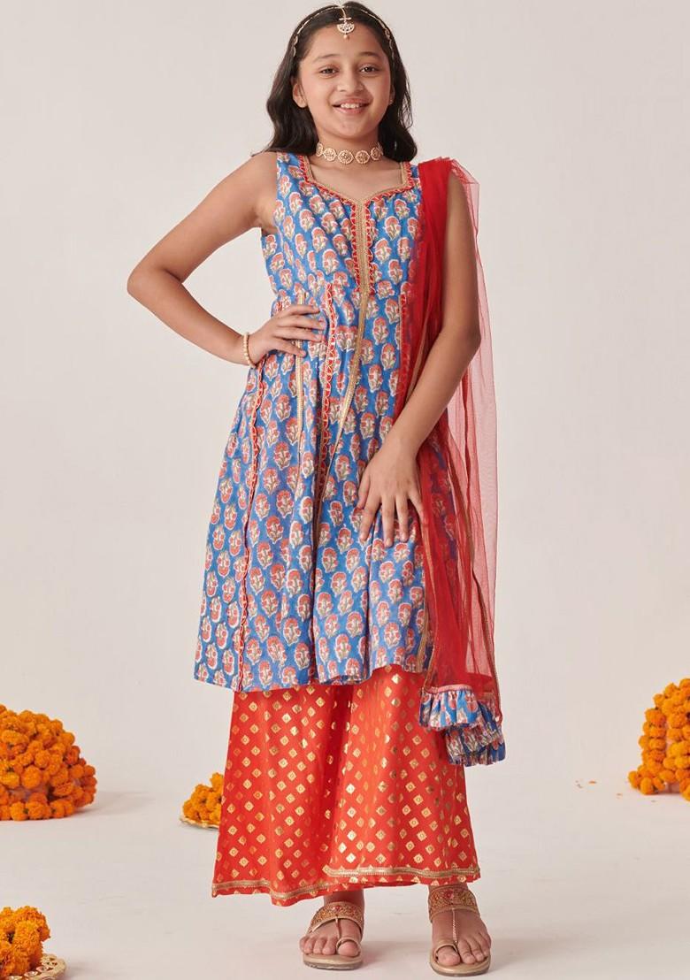 Blue Printed Poly Blend Palazzo Set With Dupatta For Girls