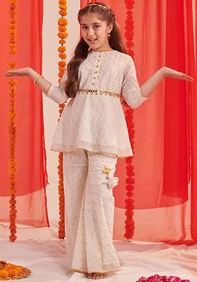 White Printed Poly Blend Sharara Set With Dupatta For Girls