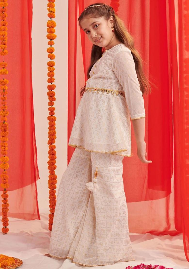 White Printed Poly Blend Sharara Set With Dupatta For Girls