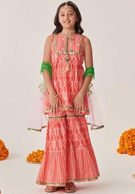 Peach Embroidered Poly Blend Sharara Set With Dupatta For Girls