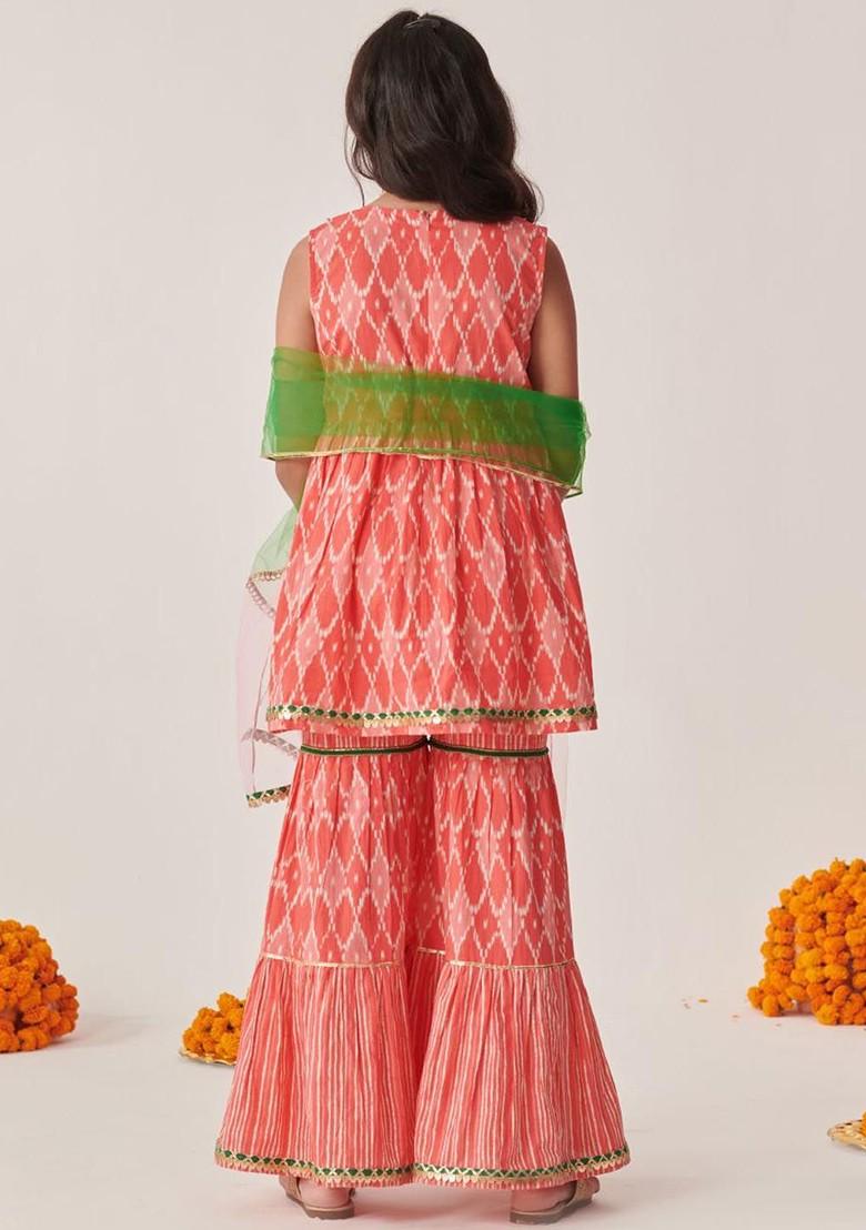 Peach Embroidered Poly Blend Sharara Set With Dupatta For Girls