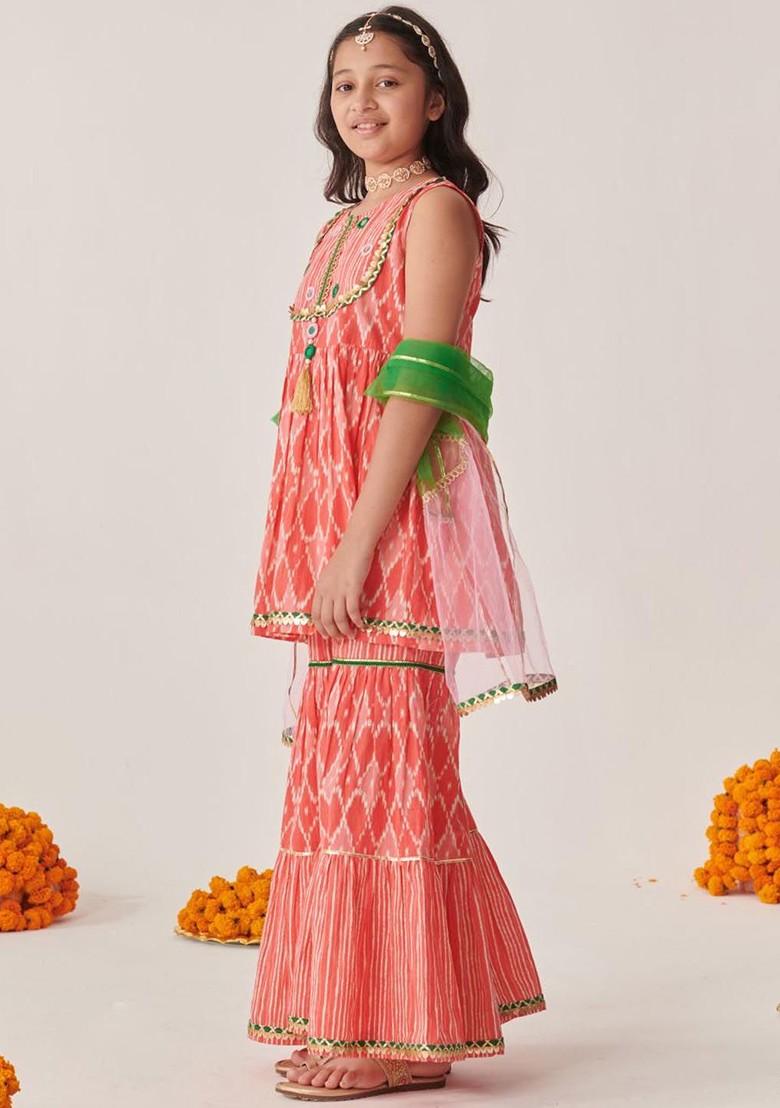 Peach Embroidered Poly Blend Sharara Set With Dupatta For Girls